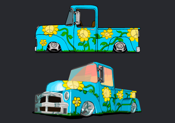 Recalling blue skies and sunflowers, the Peace Flower motif brings to life this simplified '56 Ford lowrider. The 2D image is based on a sketch done when I was 12 years old. The perspective image is based on a 3D model created when I was 35 years old.