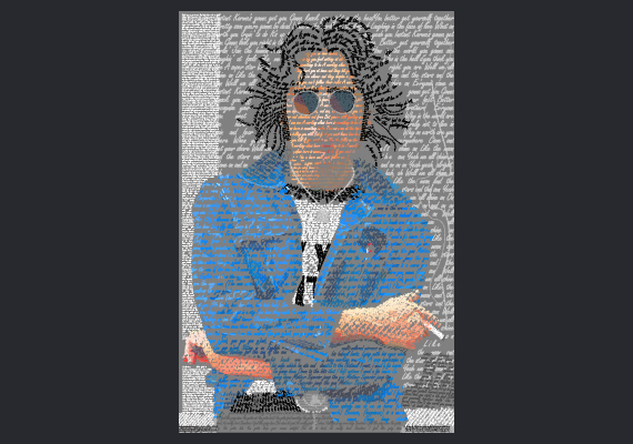 Bright colors contrast a grey background. The attention to detail and song lyric choice will be a treat for those who dig deeper. Song choice and location in the piece are not by accident (i.e. the face is “Working Class Hero”, the eyes are “I’m Looking through You”, etc)