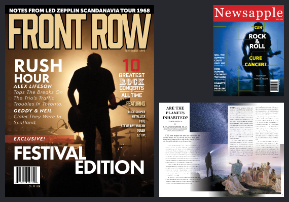 Grid design and color choice were main factors. Fundamentals of market research – demographics, color theory, etc – inform the layout of the different designs. A warm silhouette attracts concert goers while a cool fractured images of a guitarist teases a musical cure. 