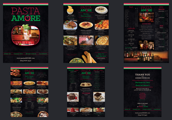 Balance, repetition, and color theory played a key role in this one. The project called for specific types of pages for the menu (apps, entrees, desserts, etc.). Market research led to the decision to make a sleek-looking informal layout with and abundance of info and images of each item (where possible).