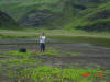 Gen in front of the lake where you can "mountain mud snorkel"