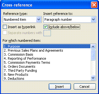 Microsoft Word Cross-Reference Dialog Box