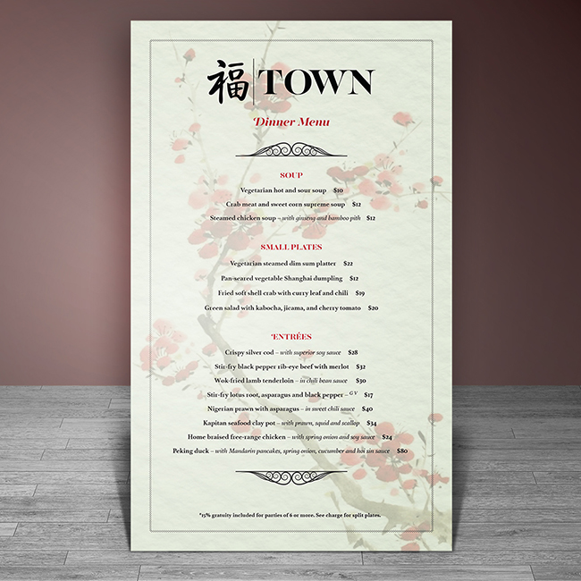 TOWN dinner menu