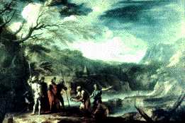 Landscape with Polycrates, Salvatore Rosa. The fish in question is being brought up to Polycrates.