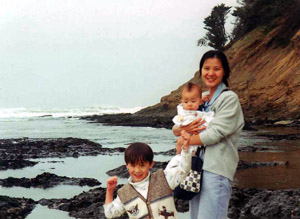 Sebastian and Arthur at Moss Beach near San Francisco with Jeri, November 1999