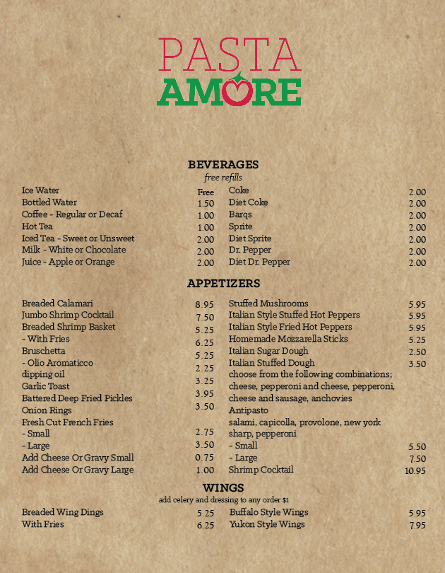 Pasta Amore Menu