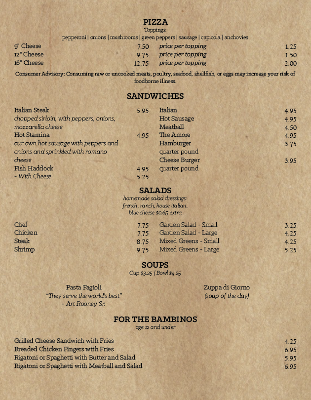 Pasta Amore Menu