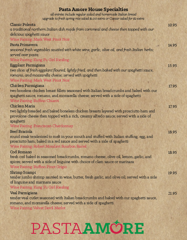 Pasta Amore Menu