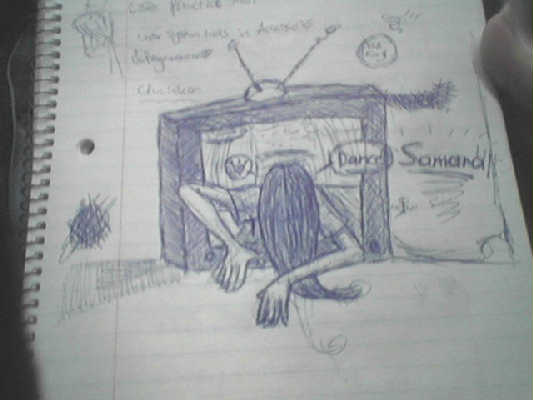 My friend Kristen drew this for me, It is the girl from the Ring crawling out of the tv
