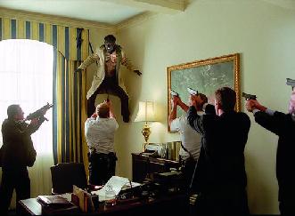 caught in the corner, guns all at him...oh no!
