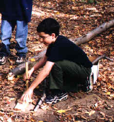 Ben builds a successful fire 
using the peg & block friction method