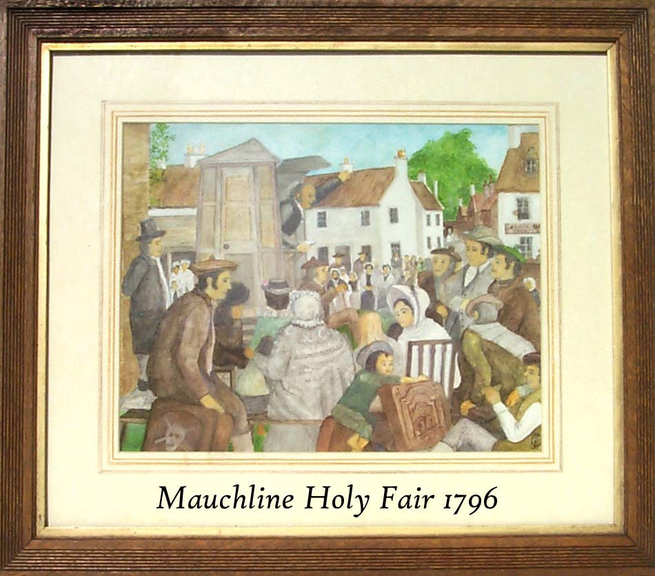 This painting decorating a wall in Poosie Nansie's, entitled MAUCHLINE HOLY FAIR 1796 by local artist Charles Imnie was removed and presented to Larry Augsbury, along with a certificate to document the event, as a token of fraternal friendship by President of the Mauchline Burns Club, Jim Davidson.