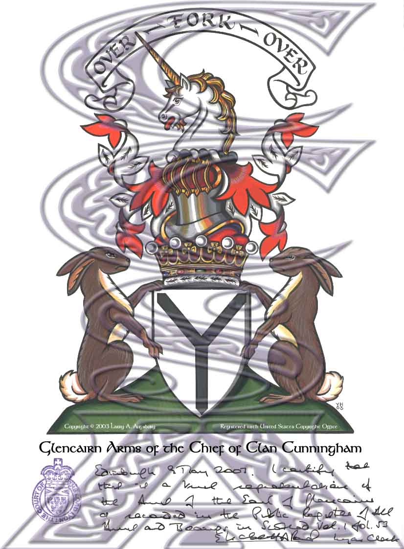 Lord Lyon certified rendering of the Glencairn Arms of the Clan Cunningham Chiefs