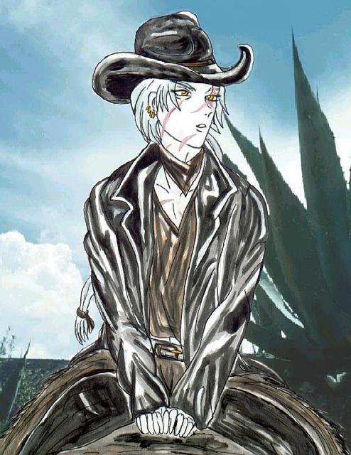 Outlaw Farfie... from an rpg. Set in a futuristic WildWest. He tries to put his past behind him and settle down but the leagues of Schwarz, the Death Toll Posse, takes him in, and go against Weiss, the law of dusty Tokyo.