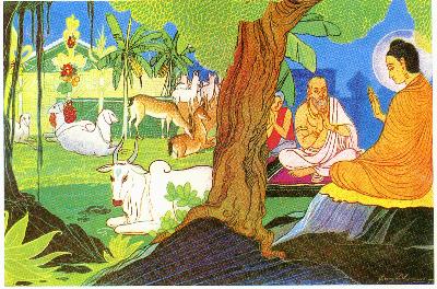 The Buddha teaches against animal sacrifices.