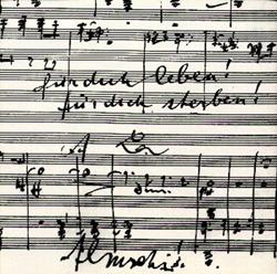 From a note scratched across the finale of Mvmt. V. The word at the bottom is "Almschi" which was Mahler&acute;s pet name for his wife. At the top are the words &ldquo;To live for you! To die for you!&rdquo;