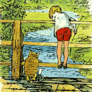 Pic of Pooh, Piglet & C Robin playing Pooh Sticks