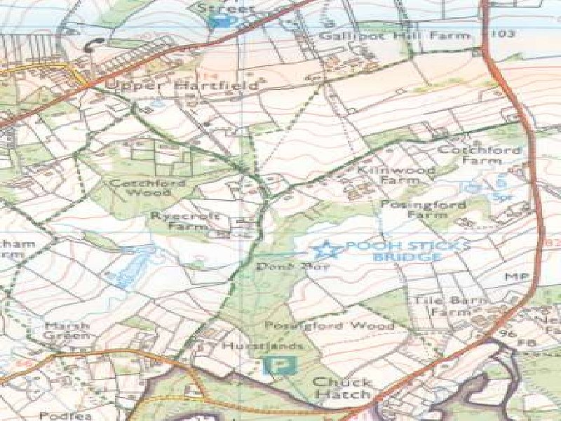 Pic of the Ordnance Survey Map of the area just around Pooh-Sticks Bridge