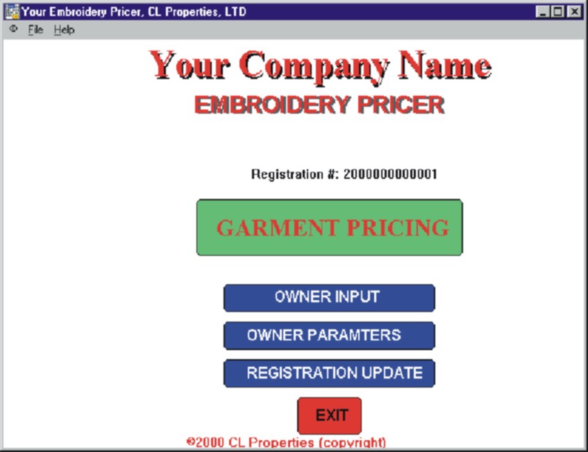 Your Embroidery Pricer! software page 1 screen shot