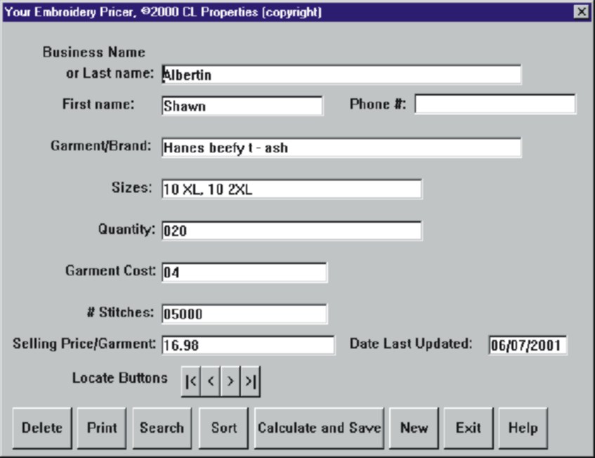 Your Embroidery Pricer! software page 2 screen shot