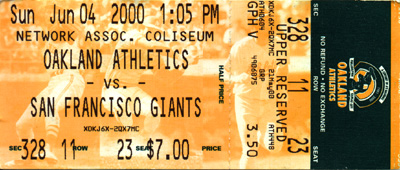 A's Giants Ticket Stub 6-4-00