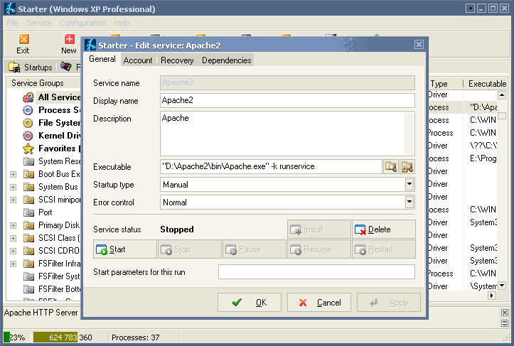 Changing properties of a service