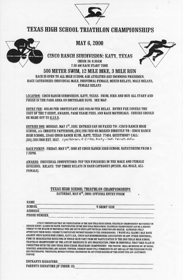 Texas High School Triathlon Entry Form