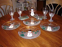 Handpainted Snowman dinner set with goblets and serving pitcher