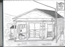 Sketch of the Shelby Morrow store that once stood in Elba, AL.