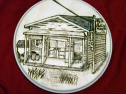 Coaster sized wood burned Shelby Morrow Store.&nbsp; I also have small, medium or large oval plaques available with Shelby Morrow.