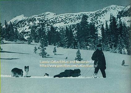 Corey Stuart towing Baldwin on a makeshift sled with Lassie walking behind, in the snow - from episode The Disappearance, part 5