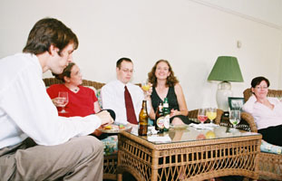 in the sunroom (quieter, easier to hear!) myron, jeni, eric, renee, and carol!