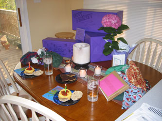 the spread...with candle-decked breakfast sammiches!