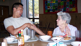 art shows an appreciative mimi his archery bruise at breakfast