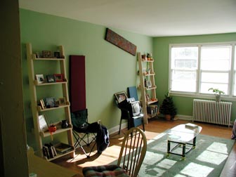 living room with those swell bookshelves her dad made