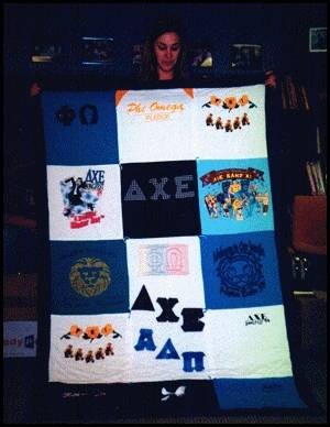 T-shirt history quilt made from shirts 
of sisters in Delta Chi Epsilon, Phi Omega, and Alpha Delta Pi