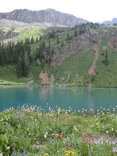 Lower Blue Lake and surrounding wildflowers