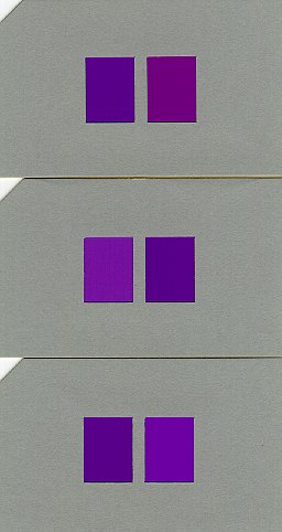 Ejemplos de tarjetas de uno de los seis colores principales del entrenamiento con la Prueba Japonesa de Aptitud para el Color en cuanto a los atributos de los colores (tonalidad [Hue], luminosidad [Value] y saturación [Chroma]