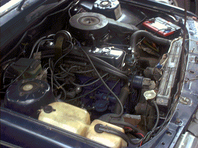 The (messy) engine bay before the conversion. Non-stock items that can be seen include Genie extractors, twin thermo fans and a 2.85L Commodore air cleaner housing and cold-air intake