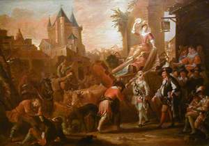 Illustrations du "Roman comique" de Scarron : arriv�e des com�diens au Mans et personnage de Ragotin