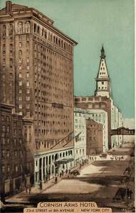 Illustration d'une carte postale publicitaire du Cornish Arms Hotel, dans le quartier Old Chelsea de New York City