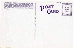 C�t� adresse d'une carte postale publicitaire du Cornish Arms Hotel, dans le quartier Old Chelsea de New York City
