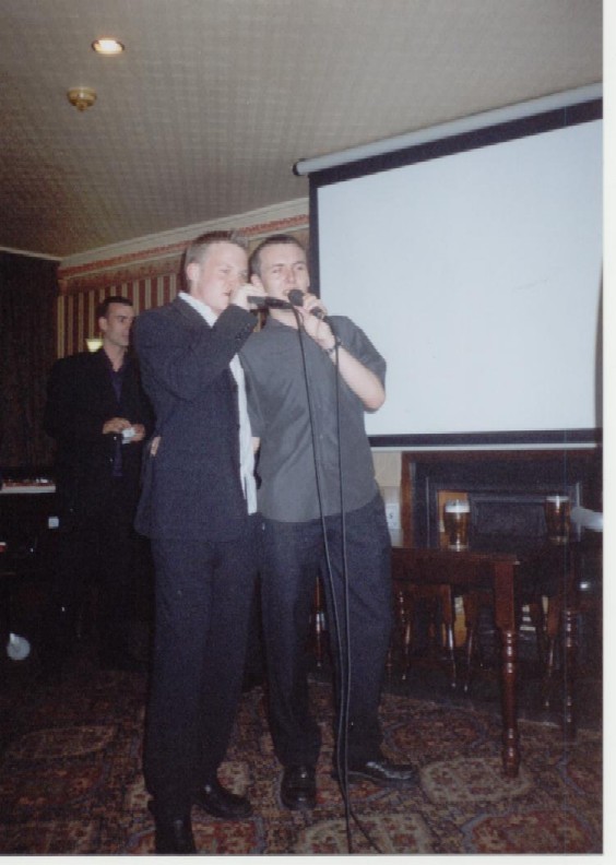 Ian and Gareth celebrating on the karaoke.