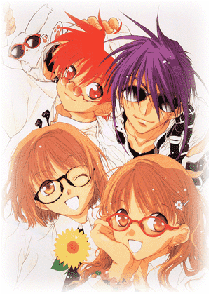 Dark is has the purple hair (he's a hotty), Daisuke has the red, Risa has the long hair, and Rika has the short hair. 