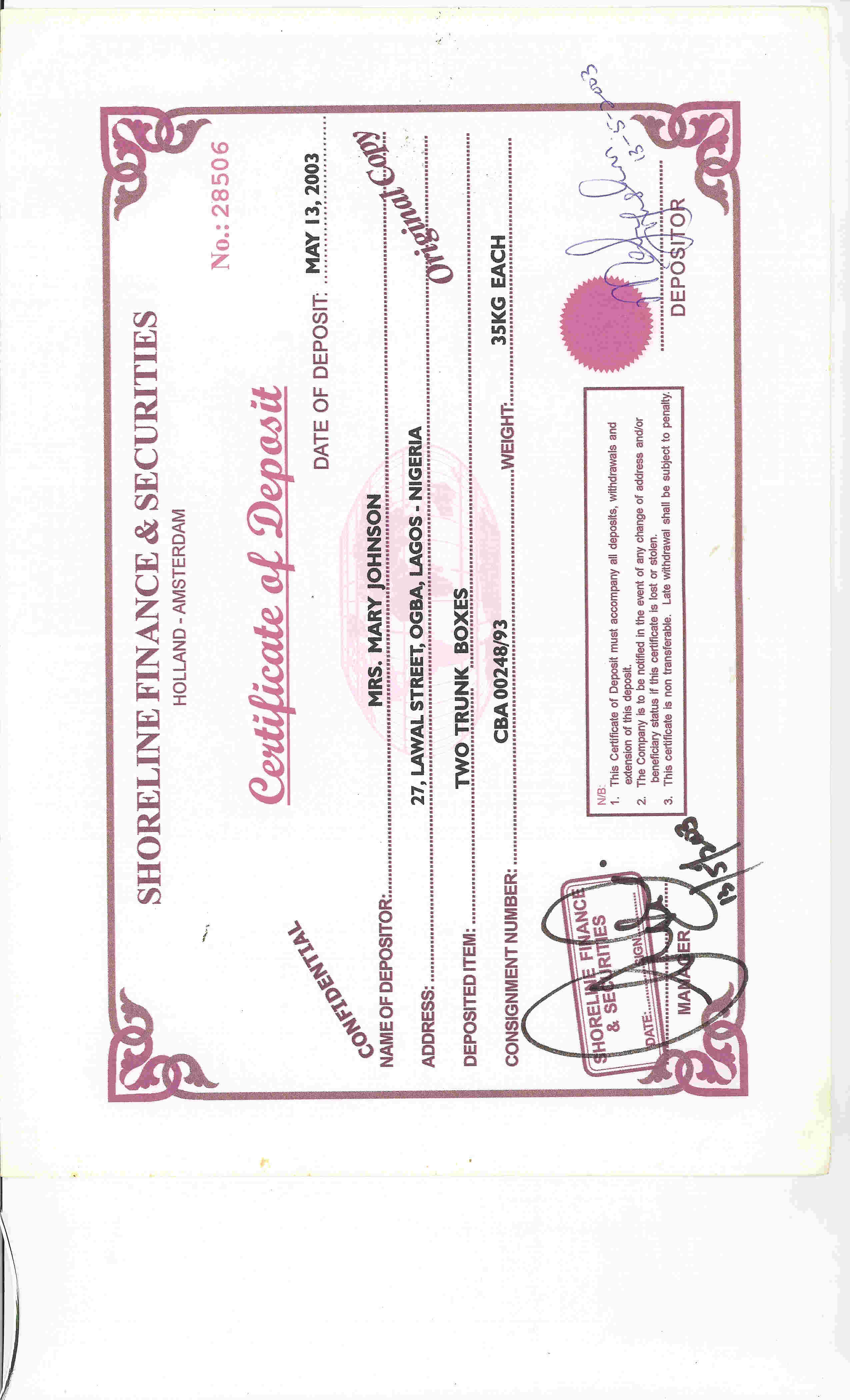 The fake certificate of deposit