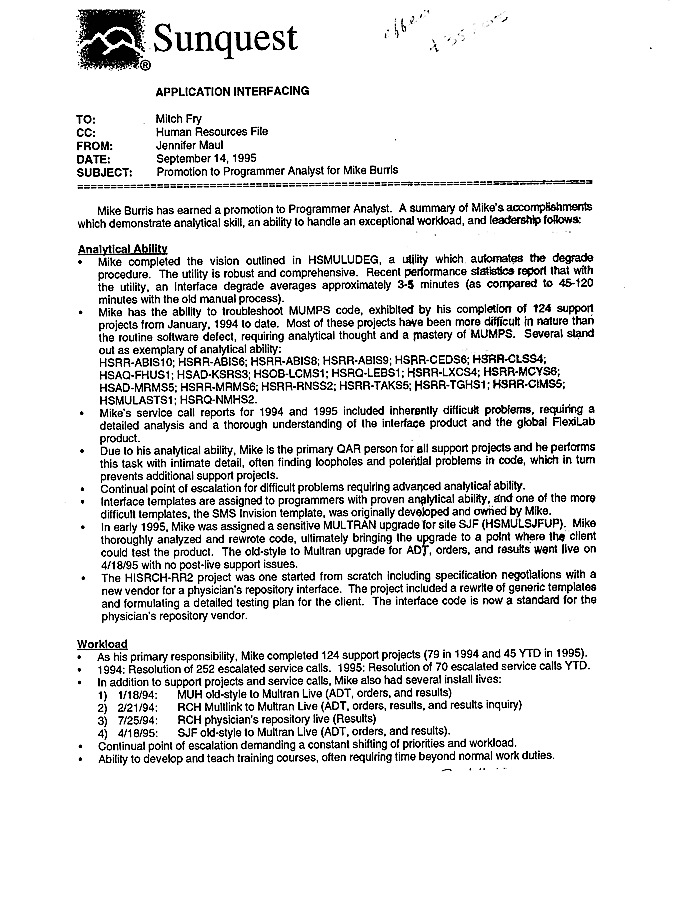 1995 Sunquest Job Review