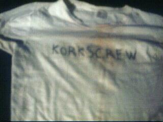 The first ever Korkscrew T-Shirt (front view), as you can see it's been partied in already. Obviously the ones we have for sale are clean