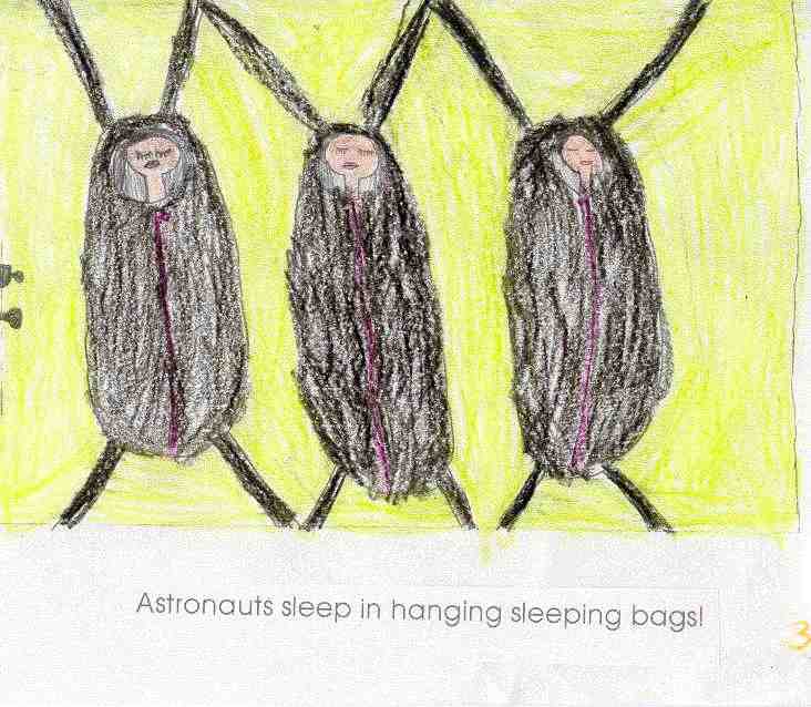 Astronauts sleep in hanging sleeping bags.