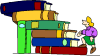 Boy climbing book stack
