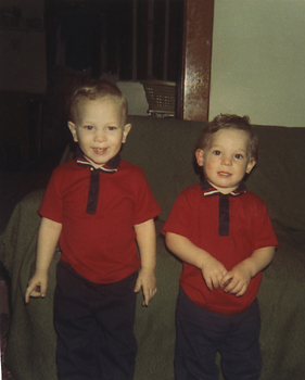 Toddlers Lance and Craig, in identical outfits